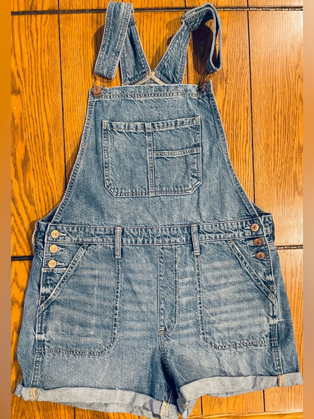 American Eagle Outfitters Tom Girl Shortall, blue denim, large, inseam 2.5 inch